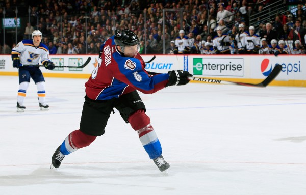 DENVER, CO - DECEMBER 13:  Erik Johnson #6 of the Colorado Avalanche shoots and scores his second goal of the night against the St. Louis Blues to tie the score 2-2 in the second period at Pepsi Center on December 13, 2014 in Denver, Colorado.  (Photo by Doug Pensinger/Getty Images)