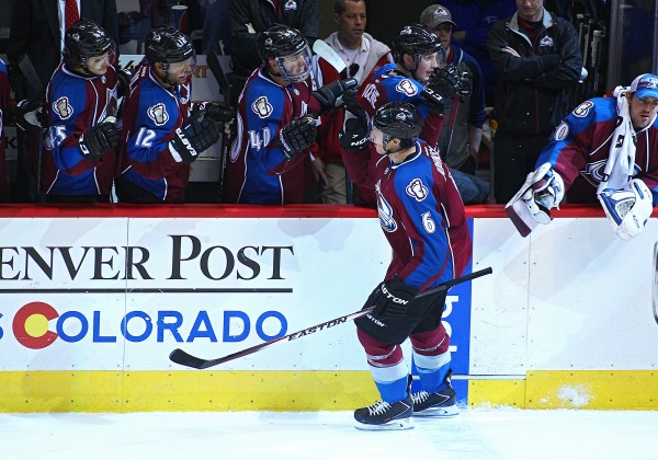 December 13 2014:  Members of the Avalanche congratulate Colorado Avalanche defenseman, Erik Johnson (6) on his second goal of the night during a regular season NHL hockey game between the Colorado Avalanche and the visiting St. Louis Blues at the Pepsi Center in Denver, CO. (Icon Sportswire via AP Images)
