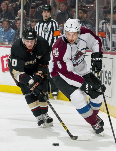 ANAHEIM, CA - APRIL 10: Corey Perry #10 of the Anaheim Ducks looks to steal the puck from Erik Johnson #6 of the Colorado Avalanche April 10, 2013 at Honda Center in Anaheim, California. (Photo by Debora Robinson/NHLI via Getty Images)