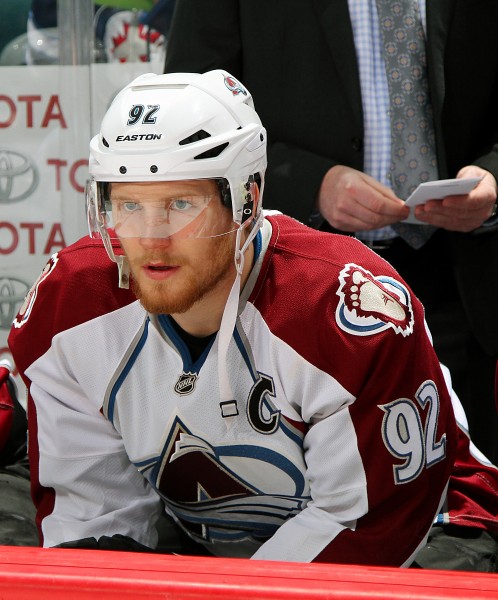 WINNIPEG, CANADA - FEBRUARY 8: Gabriel Landeskog #92 of the Colorado Avalanche looks on from the bench prior to puck drop against the Winnipeg Jets on February 8, 2015 at the MTS Centre in Winnipeg, Manitoba, Canada. (Photo by Jonathan Kozub/NHLI via Getty Images)