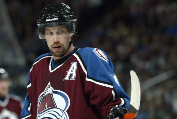 DENVER - MARCH 23: Peter Forsberg #21 of the Colorado Avalanche waits for the puck to drop on a face-off against the Chicago Blackhawks March 23, 2004 at the Pepsi Center in Denver, Colorado. The teams tied 2-2. (Photo by Brian Bahr/Getty Images)